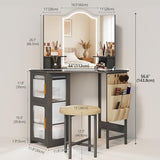 LVSOMT Corner Makeup Vanity Desk with Mirror and Lights, Dressing Table with Charging Station, Makeup Table with Stool, Storage Cabinet and Adjustable Shelf, Bedroom Vanity for Girls Women, Grey LVSOMT