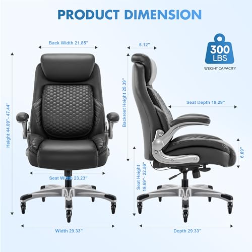 COLAMY Office Ergonomic Desk High Back Executive Chair with Pop-Out Lumbar Support, Upgraded Casters, Adjustable Headrest, Flip-Up Arms, Leather Home with Thick Cushion for Comfort - Black COLAMY