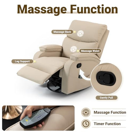 Culect 360° Swivel Rocking Recliner Chair, Massage Lazy Boy Recliner, Small Spaces Recliner for Living Room, Bedroom and Nursery, Beige Leather Culect