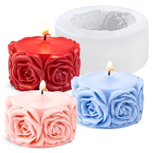 Rose Flower Column Candle Molds Flower Shape Silicone Candle Molds Cylinder Resin Casting Mold Silicone Flowers Rose Mold for Candles Making DIY Polymer Clay Craft Plaste Valentine Mother Day