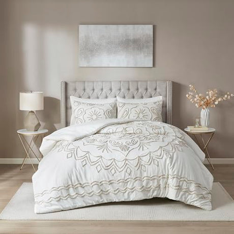 Madison Park Violette Chenille Cotton Tufted Comforter Large Medallion Design, All Season, Hypoallergenic, Soft Bedding Set, Matching Sham, Full/Queen, Ivory/Taupe 3 Piece Madison Park