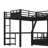 Metal Triple Bunk Beds with Slide, Desk and Storage Shelves, L-Shaped Twin Over Full Bunk Bed with 2 Ladders and Guardrails for Kids Teens, Noise-Free Design (Black, Twin/Full) CITYLIGHT