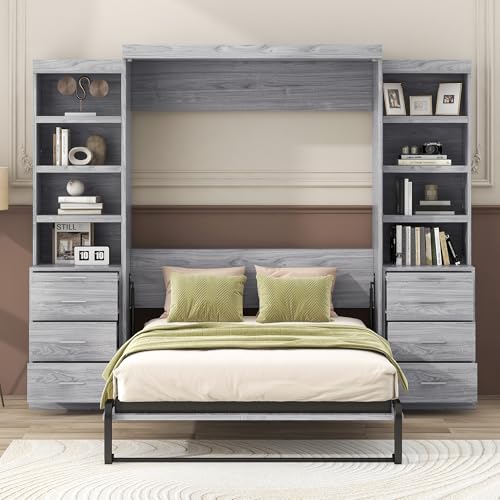 FAVSH Full Size Murphy Bed with Storage Shelves, Solid Wood+Metal Frame Wall-Bed w/ 6 Drawers, Space-Saving Hidden Beds, Fold-The-Way-Bed,Grey FAVSH