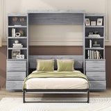 FAVSH Full Size Murphy Bed with Storage Shelves, Solid Wood+Metal Frame Wall-Bed w/ 6 Drawers, Space-Saving Hidden Beds, Fold-The-Way-Bed,Grey FAVSH