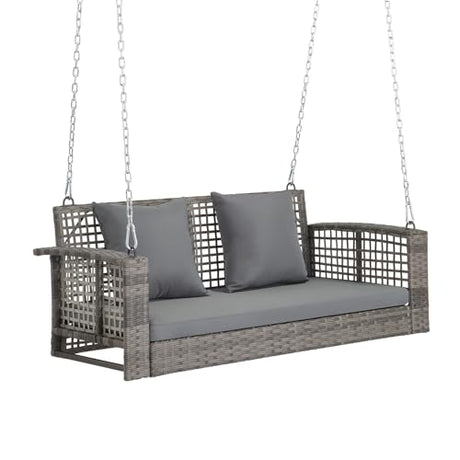 VINGLI 4 FT Rattan Porch Swing Outdoor Support 800 LBS with Cushions & Adjustable Chains, Patio Wicker Swing Bench Chair for Garden, Yard, Lawn, Tree, Grey VINGLI