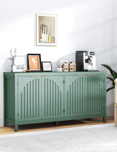 SAHISTCT 58" Modern Fluted Sideboard Buffet Cabinet with Storage, Modern Credenza with Arched Doors, Coffee Bar Table, Wood Media TV Console Table Credenza for Living Room Hallway Entryway (Green) SAHISTCT