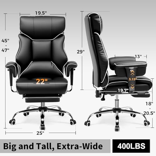 COMHOMA Big and Tall Office Chair 400lbs High Back Gaming Chair with Ergonomic Lumbar Support & Pocket Spring Cushion for Lower Back Pain Relief, Leather Executive Chair with Foot Rest, White/Black COMHOMA