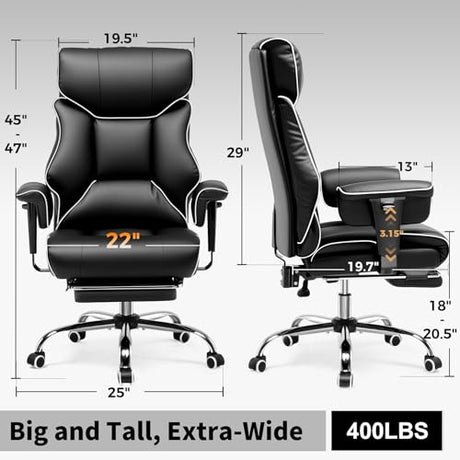 COMHOMA Big and Tall Office Chair 400lbs High Back Gaming Chair with Ergonomic Lumbar Support & Pocket Spring Cushion for Lower Back Pain Relief, Leather Executive Chair with Foot Rest, White/Black COMHOMA