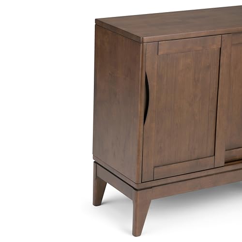 SIMPLIHOME Harper SOLID WOOD 30 inch Wide Mid Century Modern Low Storage Cabinet in Walnut Brown, with Large Space Behind 2 Sliding Notched Handle SIMPLIHOME