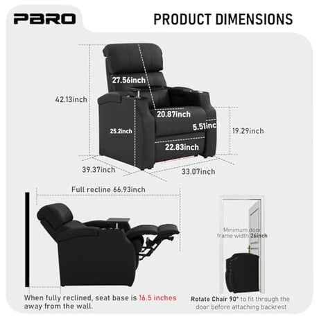 PBRO Home Theater Seating Top Grain Leather, Zero Gravity Recliner Chair Movie Theater Chairs Electric Sofa with Power Reclining USB Charge Ambient Lighting Black Single Seats for Living Room PBRO
