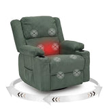 IKAKOS 360 Degree Swivel Rocker Recliner Chair with Heat and Massage, Soft Corduroy Manual Reclining Nursery Glider with USB Port, 2 Cup Holders & 4 Storage Pockets, 400lbs Capacity (Green)