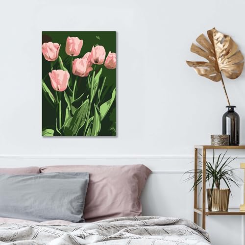 Bimkole Framed Paint by Numbers Kit for Adults Pink Tulip, DIY Oil Painting Kit on Canvas with Paintbrushes and Acrylic Pigment, for Paint by Numbers Beginner, for Home Wall Decor 8x12inch/20x30 cm Bimkole