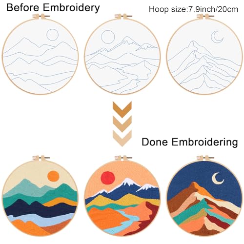 Louise Maelys 3 Set Landscape Embroidery Kits for Beginners,Cross Stitch Kit for Adults,DIY Needlepoint with Mountain Sun Moon Pattern