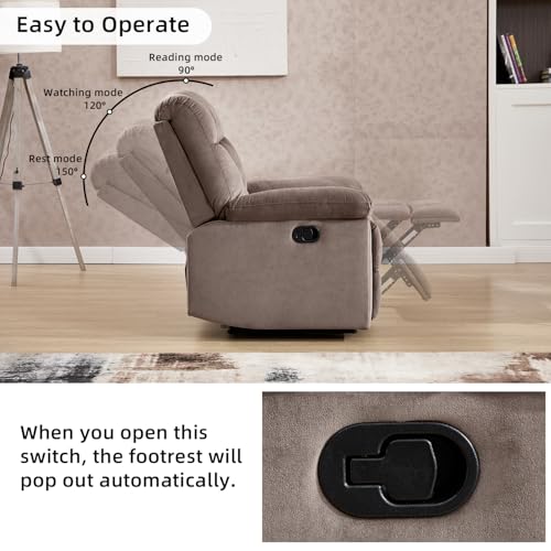 CANMOV Manual Recliner Single Sofa, Wall-Hugger Reclining Couch, Upholstered Sofa Chair with Armrests, Fabric Reclining Couch with Soft Cushion for Living Room (Brown, 36" W)