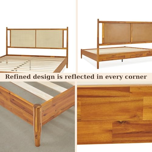 Bme Oliver Headboard Queen Size Bed Frame - 15-Inch Signature Design with Rattan Headboard, Bohemian and Mid Century Style, 12-Slat Wood Support, No Box Spring Needed - Easy Assembly, Caramel Bme