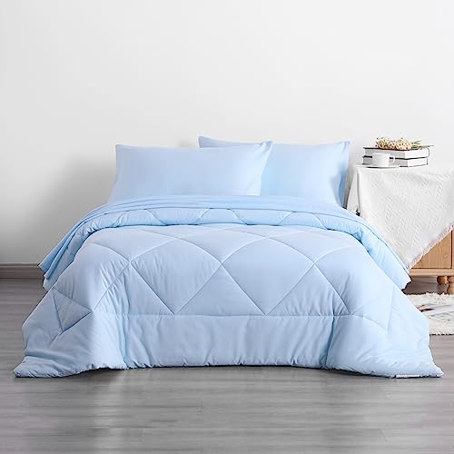 NTBAY Twin Comforter Set with Sheets, 5 Pieces Soft and Breathable Bedding Set, Twin Bed in a Bag, Down Alternative Comforter Set Solid Color All Season, Kids Bedding Set, Aqua NTBAY