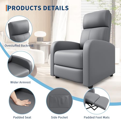 Garvee Recliner Chair for Adults, Leather Lazy Recliner Ergonomic Adjustable Single Sofa Enhanced with Side Pocket, Tall Back, Wide Arms & Padded Seat, Home Theater Seating for Living Room, Grey