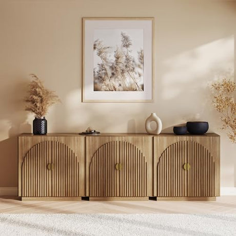 BELLEZE Set of 3 Modular Fluted Sideboard Buffet Cabinet with Storage, Mid-Century Modern Console Table with Symmetrical Arched Doors, Credenza for Dining Room, Kitchen and Living Room, Caramel Brown BELLEZE