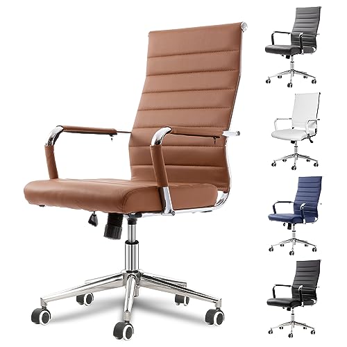 Okeysen Office Desk Chair, Ergonomic Leather Modern Conference Room Chairs, Executive Ribbed Height Adjustable Swivel Rolling Chair for Home Office. (Brown) Lepdep