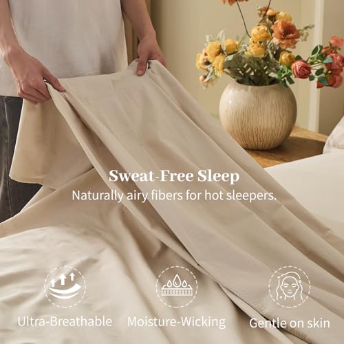 MEISHANG 100% French Pure Linen Sheets Queen Size - Bed Sheets 4 Piece Sets, Soft Durable Flax Linen, Anti-Tear Breathable Oeko-Tex Certified with 16" Deep Pocket (Linen) MEISHANG