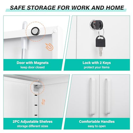 SISESOL White Metal Storage Cabinet with Doors and Shelves,36 inch Small Metal Cabinet with Lock,Short Garage Storage Cabinets,Locking Steel Cupboard for Home,Office,Kitchen,Garages SISESOL