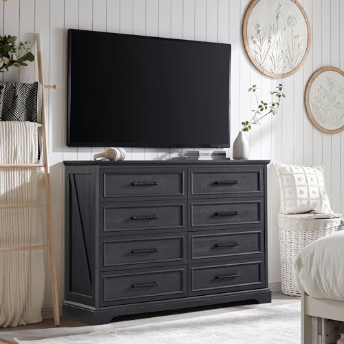 ACCOHOHO Farmhouse 8 Drawers Dresser Chests for Bedroom,52" Wide Wood Rustic Chest of Drawers with Metal Handle,Natural Texture,Drawer Organizer for Bedroom,Living Room,Hallway and Entryway,Black ACCOHOHO