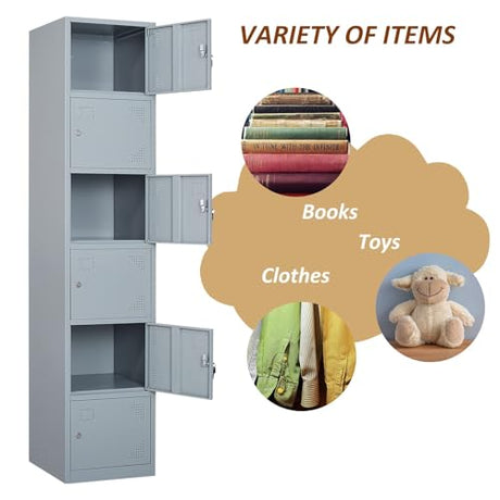 SISESOL Metal Locker Storage Cabinet with Doors and Shelves Metal Lockers with 6 Doors,71" Lockable Small Locker Storage Cabinet for Employees,School, Office, Home, Gym (Gray) SISESOL