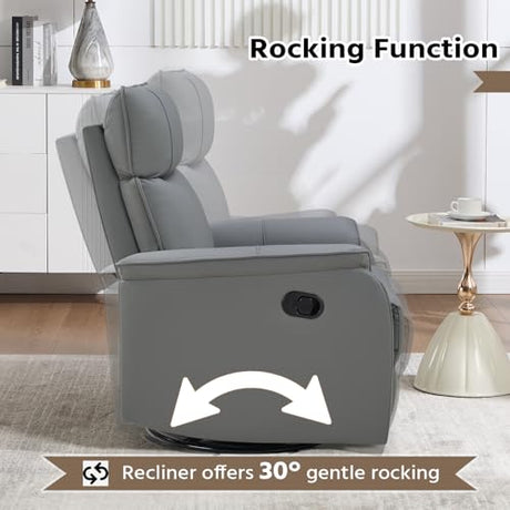 HAOMARKETS Swivel Rocker Recliner Chair, Manual Faux Leather Glider Rocking Recliners for Adults, 360° Swivel Nursery Reclining Sofa with Padded Backrest for Living Room, Grey HAOMARKETS