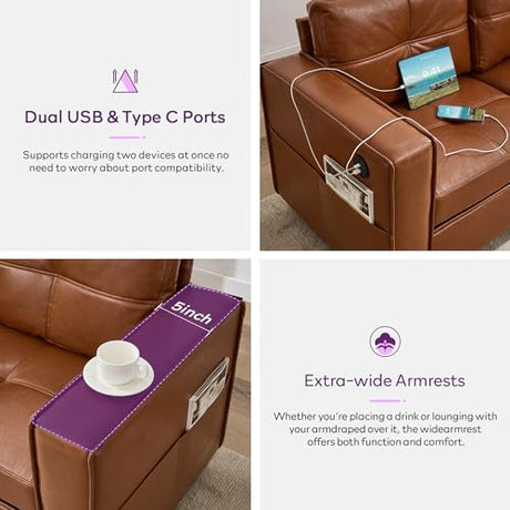 TYBOATLE 65" Faux Leather Sofa Couches for Living Room, Mid-Century Modern Tufted Comfy Loveseat w/USB Charging Ports and Wide Arms, 2 Seater Office Small Couch for Small Space Bedroom, Brown TYBOATLE