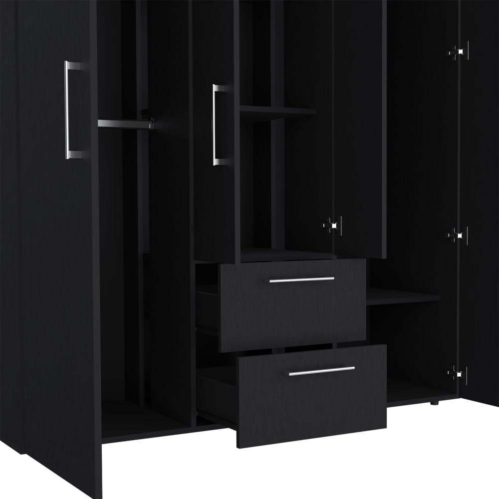 Quarte Modern 4-Door Wardrobe with 2 Drawers, Shelves and 2 Clothing Rods, Freestanding Armoire Wardrobe Closet, Clothes Storage Cabinet Organizer for Bedroom (Black/4-door) Quarte
