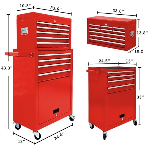 Kirmosal 13 Drawers Rolling Tool Chest with Wheels,Large Capacity Tool Storage Cabinet with Removable Top Toolbox, Locking Mechanical Tool Cart with Liner,Suitable for Garages, Warehouses-red Kirmosal