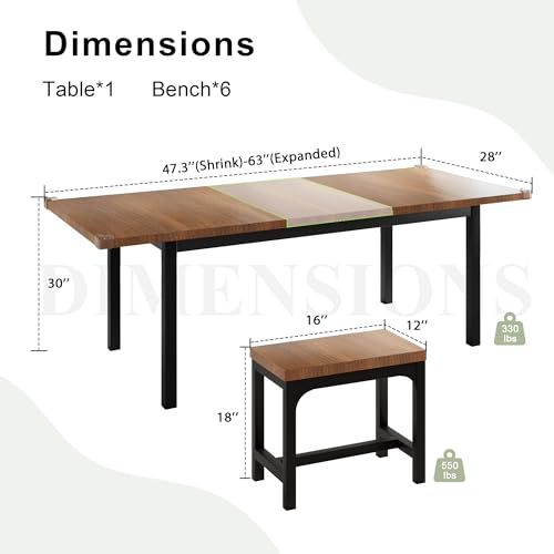 Feonase 7-Piece Dining Table Set with 6 Stools, 63" Large Extendable Kitchen Table Set for 4-8, Mid-Century Dining Room Table with Heavy-Duty Frame, Easy Assembly, Walnut - WoodArtSupply