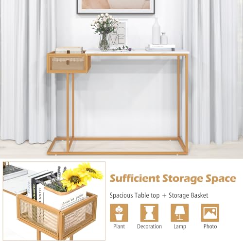 Giantex Narrow Console Table with Storage - Gold Sofa Table with Storage Basket, Sturdy Metal Frame, Modern Entryway Table, Entry Table for Living Room, Hallway, Corridor, Foyer Table, Gold & White Giantex