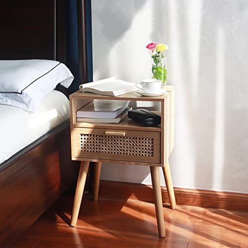 MaxSmeo Modern Nightstand Rattan Side End Table with Storage, for Living Room, Bedroom and Small Spaces, Accent Bedside Farmhouse Tables with Solid Wood Legs, Easy Assembly (Natural Walnut) - WoodArtSupply