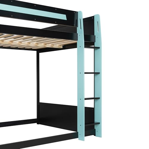 Merax Gaming Bunk Bed with Side-Mounted Oversized RGB Desk, USB Charging Ports & Cable Grommet, LED Light Strip, Heavy-Duty Esports Loft Frame – Cool Design, Full-Size, Cloud Blue Merax