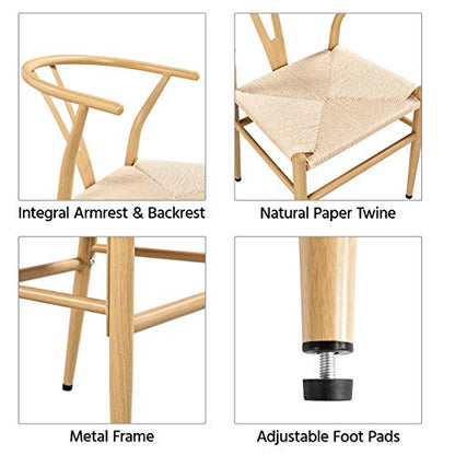 Yaheetech Set of 4 Weave Chair Mid-Century Metal Dining Chair Y-Shaped Backrest Hemp Seat, Wood Color - WoodArtSupply