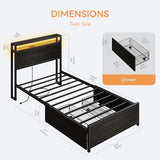 LIKIMIO Twin Bed Frame, with 2-Tier Shelves & Charging Station & LED Light, DIY Layout Storage Drawers, Suitable for Teen Rooms, Small Apartments & Bedrooms, Gray Black LIKIMIO