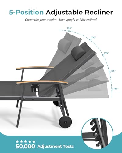 Ciokea Outdoor Lounge Chair with Pillow Set of 2, 5-Position Aluminum Chaise Lounge with Wheels & Armrests, 400 lbs Heavy Duty Patio Pool Chair for Backyard, Deck, Beach & Poolside, Grey