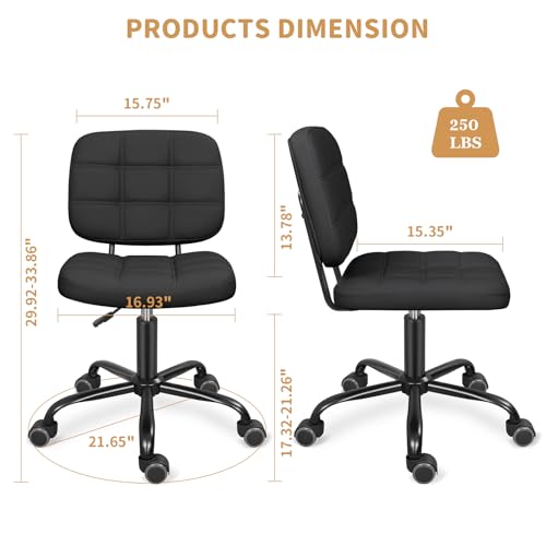 ERGOSEAT Armless Home Office Desk Chair with Wheels, Modern Ergonomic Drafting Rolling Chair with 360° Swivel Wheels,Height Adjustable Computer Task Chairs for Small Space, Black ERGOSEAT