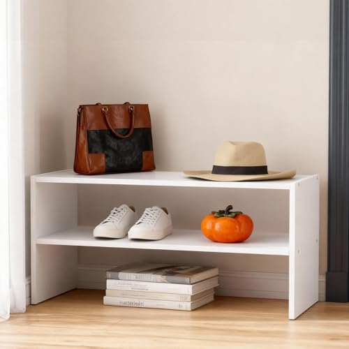 DUMOS 31 Inch Stackable White Shoe Rack, 2-Tier Wooden Storage Benches Organizer, Freestanding Entryway Bench for 6-9 Pairs Shoes, for Entryway, Office, Bathroom Use, White DUMOS