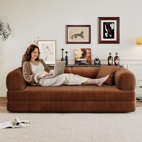 Ball & Cast 78.8" No-Assembly Compressed Sofa Bed, Convertible Floor Futon Couch with Pillow Backrest & Armrest, Boneless Modular Sleeper Sofa in Corduroy for Living Room Bedroom, Brown Ball & Cast