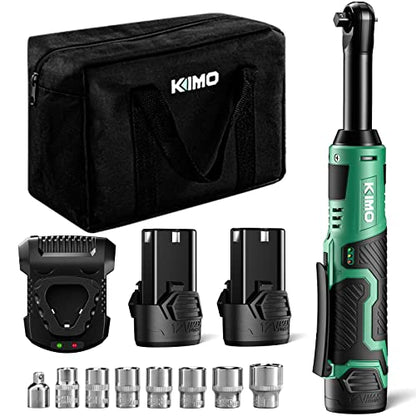 KIMO 3/8" Extended Electric Ratchet Wrench Set, 40 Ft-Lbs 400 Rpm 12V Cordless Ratchet Wrench w/ 2-Pack 2.0 Ah Batteries, 1 Hour Fast Charger & 8 Sockets, Power Ratchet w/Variable Speed & LED - WoodArtSupply