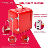 Frigidaire EFMIS129-RED_CP4 Mini Personal Fridge Cooler, 1 Gal Capacity fits Six Cans, Includes Plugs for Home Outlet & DC Charger-9.84" D x 7.09" W x 10.35" H, standard Frigidaire