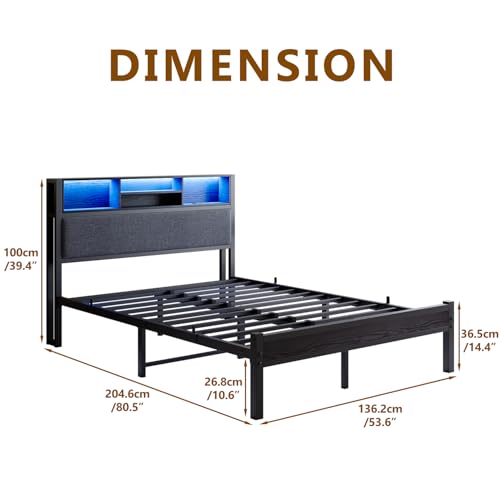 Crocofair Full Size Bed Frame with Charging Station and LED Lights,Upholstered Headboard with Storage Shelves, Metal Platform Bed Frame, Noise Free, No Box Spring Needed,Easy Assembly,Black Crocofair