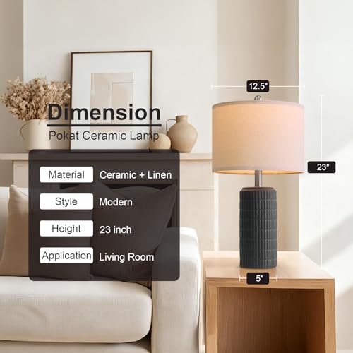 PoKat 23" Matte-Textured Ceramic Table Lamps Set of 2 for Bedroom, Stone-Like Modern Bedside Lamps for Night Stands, Farmhouse Nightstand Table Lamps Decor for Living Room End Table Black PoKat