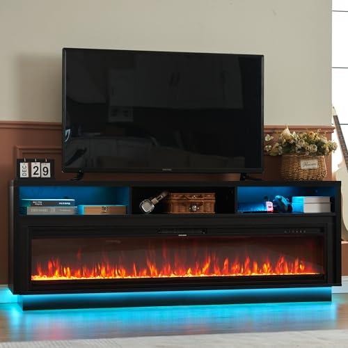 AHB 70" Fireplace TV Stand with 64" Electric Fireplace, LED Light Entertainment Center with Fireplace and Storage Cabinet, Media Console Table for TVs Up to 80 Inches, Ideal for Living Room, Black AHB