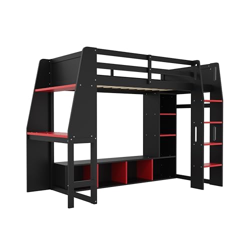 Wooden Gaming Loft Bed with Desk & Storage Shelves & Hanging Clothes Rack,Twin Size Loft Bed Frame with LED Light,Safety Guardrails and Ladder for Kids Teens Adults Room Use,No Box Spring Needed,Black Harper & Bright Designs