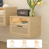iyrany Floating Nightstand Set of 2 with Charging Station, USB Ports & Outlets, Wall Mounted Nightstands with Drawer and LED Light Strip, Small Oak Rattan Bedside Shelves iyrany