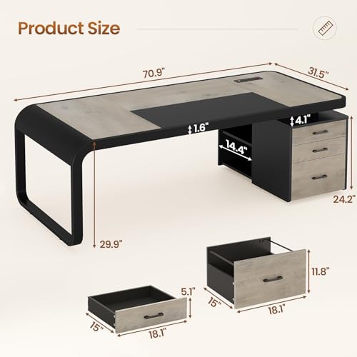 Itaar 70.9" Executive Desk, Large Computer Desk with Drawers and Lateral File Cabinet, Office Desk with Removable Shelves, Business Furniture Desk Workstation for Home Office, Gray Itaar