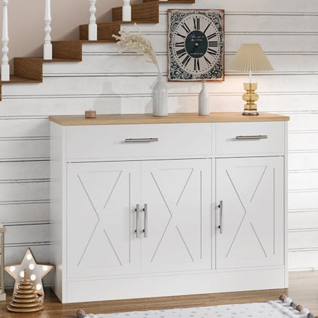 SUNLEI Sideboard Buffet with Storage, Farmhouse Kitchen Cabinet with 3 Doors and 2 Drawers, Coffee Bar Cabinet with Storage for Living Room, White SUNLEI